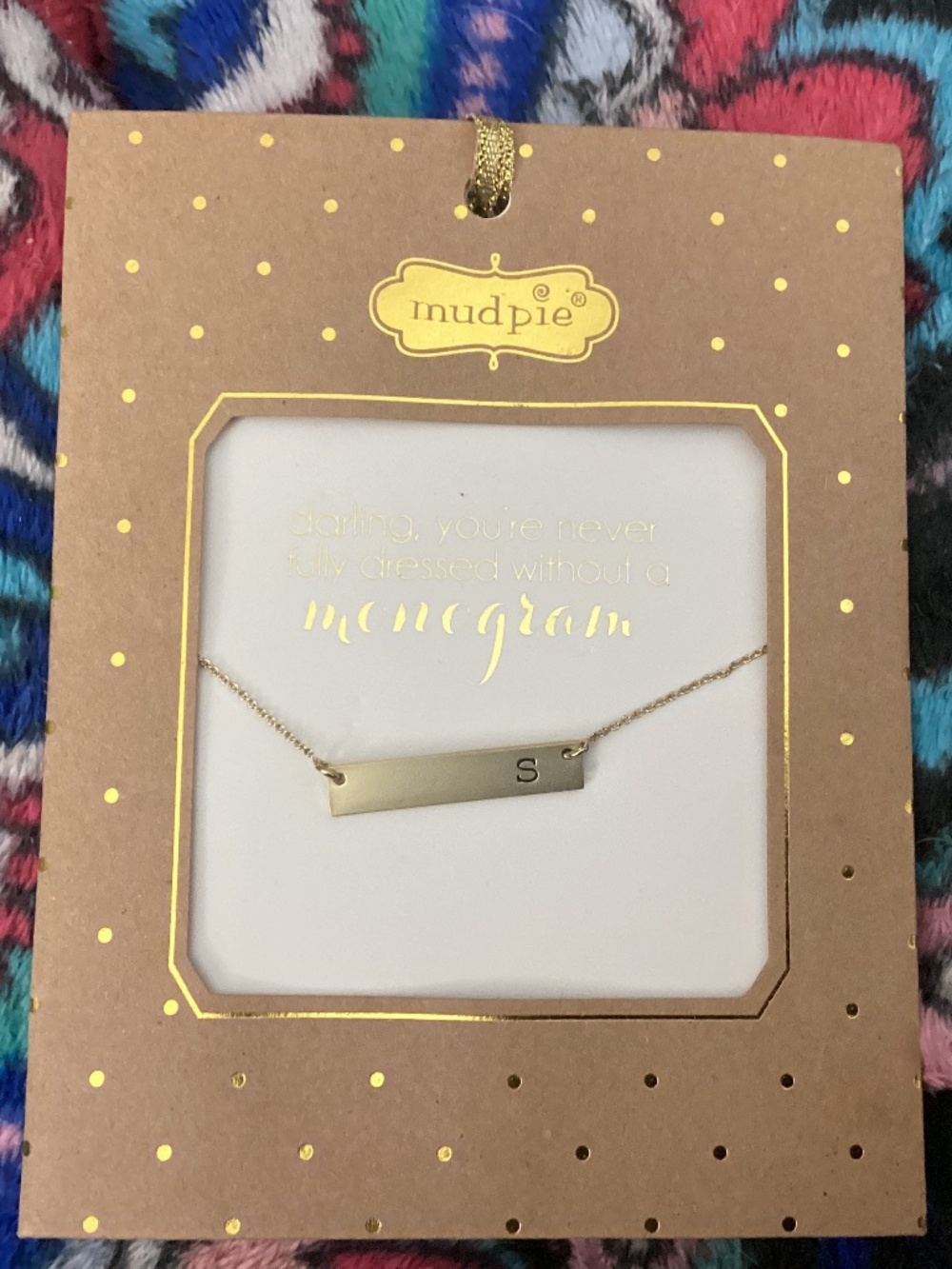 NWT Mud Pie Monogram gold tone letter S bar necklace pendant